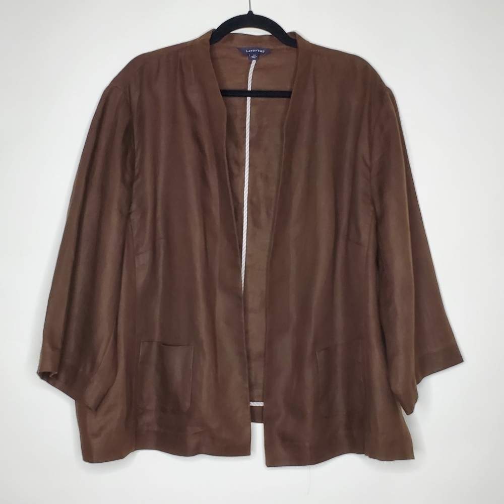 Lands'‎ End Plus Size Long Sleeve LINEN Blazer 26W Open Brown Jacket Pockets